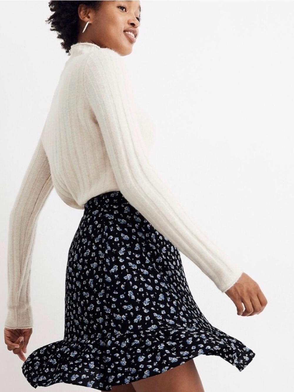 Madewell Black Floral Ruffle Hem Skirt - Blue Flower Print
